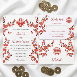Invitación Con Relieve Metalizado Flor Roja | Boda China