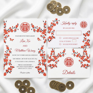 Invitación Con Relieve Metalizado Flor Roja   Boda China