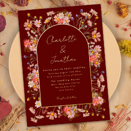 Invitación Con Relieve Metalizado Flor silvestre Boda de otoño borgoña Terracota Gol