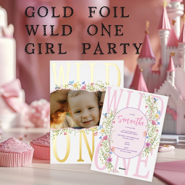Invitación Con Relieve Metalizado Flor silvestre Chica de un Boho foto primer cumple (Wildflower Wild One Boho Girl Photo 1st (Any Age) Kids Pink Birthday Foil Invitation)