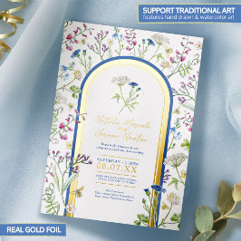 Invitación Con Relieve Metalizado Flor silvestre colorido floral acuarela azul boda