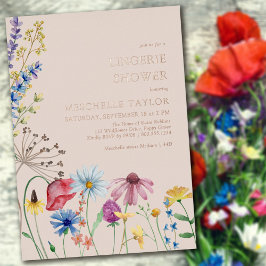 Invitación Con Relieve Metalizado Flor silvestre Lingerie Shower Rustic Rosa Gold