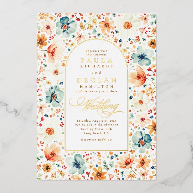 Invitación Con Relieve Metalizado Flor silvestre Meadow Garden Floral Boho Fall Wedd (Anverso)