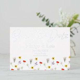Invitación Con Relieve Metalizado Flor Silvestre Tonto Guardar Fecha Prensada