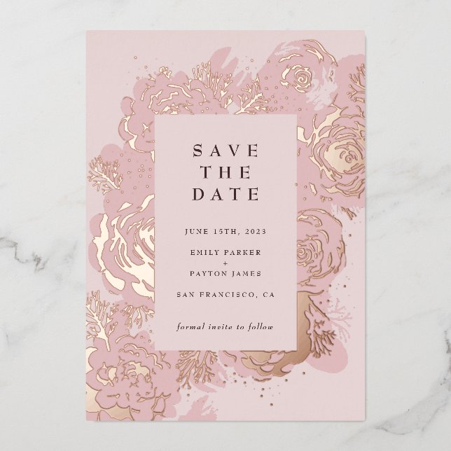 Invitación Con Relieve Metalizado Floraciones de oro Rosa (Anverso)