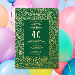 Invitación Con Relieve Metalizado Floral 40.ª Surprise Birthday Template Green Gold