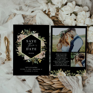 Invitación Con Relieve Metalizado Floral Acuarela Neutra Save the Date Dorado