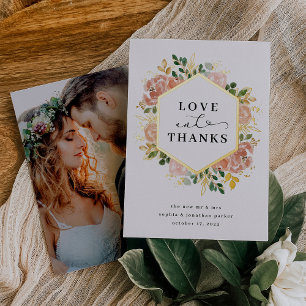 Invitación Con Relieve Metalizado Floral Acuarela Neutral Amor y Gracias Dorado