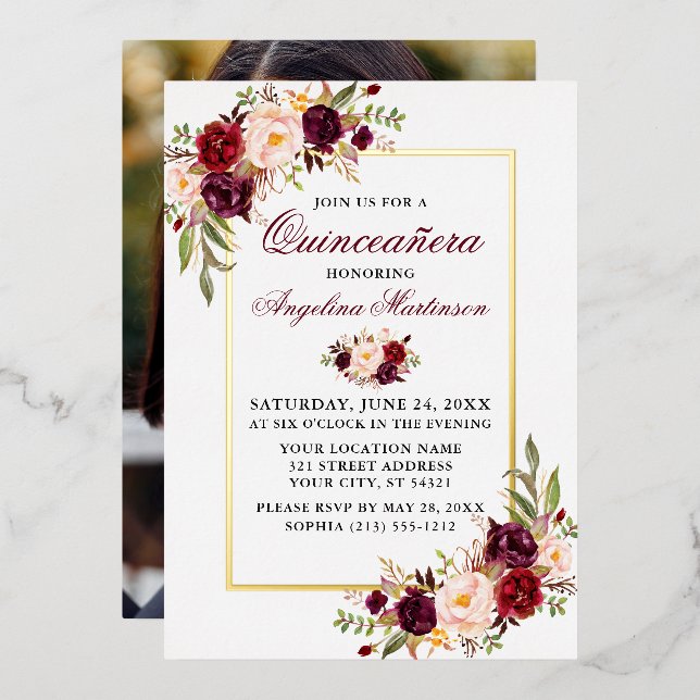 Invitación Con Relieve Metalizado Floral acuática foto Quinceanera Gold (Anverso/Reverso)