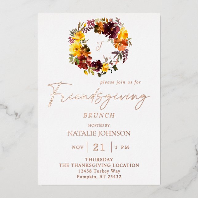 Invitación Con Relieve Metalizado Floral Amarilla y naranja (Anverso)