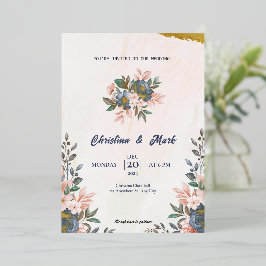 Invitación Con Relieve Metalizado Floral azul Boda simple