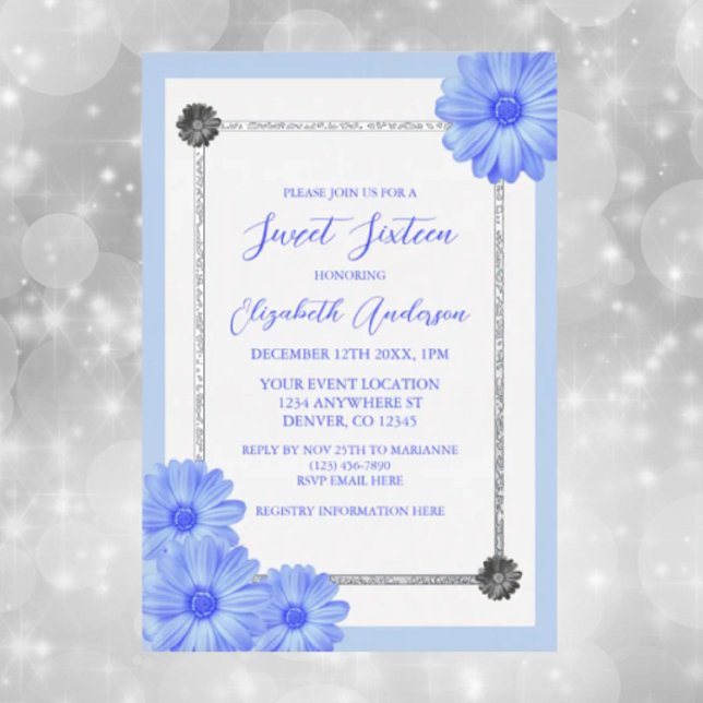 Invitación Con Relieve Metalizado Floral azul claro elegante dulce dieciséis (Subido por el creador)
