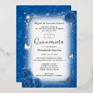 Invitación Con Relieve Metalizado Floral azul real color de agua Quinceañera plata