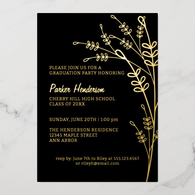 Invitación Con Relieve Metalizado Floral Black and Gold Modern Graduation Party (Anverso)
