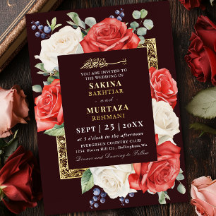 Invitación Con Relieve Metalizado Floral blanca y roja borgoña Boda musulmana