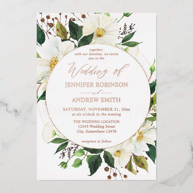 Invitación Con Relieve Metalizado Floral blanca y vegetación 1 Boda (Anverso)