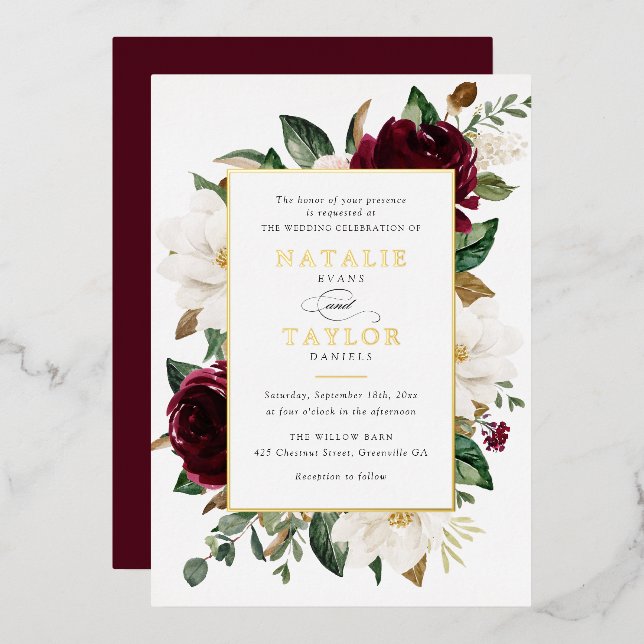Invitación Con Relieve Metalizado Floral Borgoña Blanco Elegante Marco Oro (Anverso/Reverso)