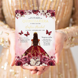 Invitación Con Relieve Metalizado Floral Borgoña Mariposa Princesa Quinceañera