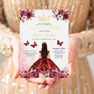 Invitación Con Relieve Metalizado Floral Borgoña Mariposa Princesa Quinceañera