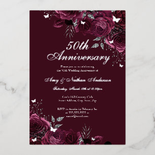 Invitación Con Relieve Metalizado Floral borgoña Plata 50° Aniversario del Boda