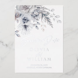 Invitación Con Relieve Metalizado Floral Botánico Invernal Plata Salva La Fecha
