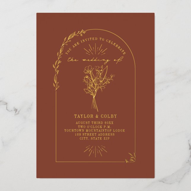 Invitación Con Relieve Metalizado Floral Bouquet Arch Terracotta Boda (Anverso)