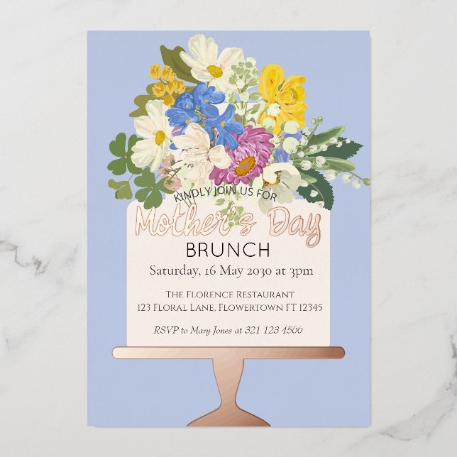 Invitación Con Relieve Metalizado Floral Bouquet Mother's Day Brunch (Anverso)