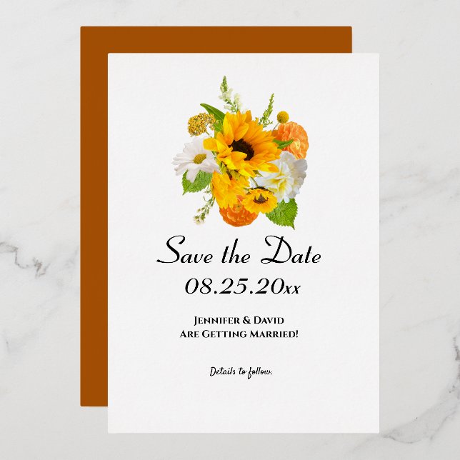 Invitación Con Relieve Metalizado Floral Bouquet Save the Date (Anverso/Reverso)