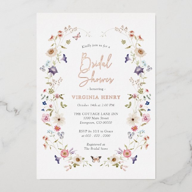 Invitación Con Relieve Metalizado Floral Bridal Shower (Anverso)