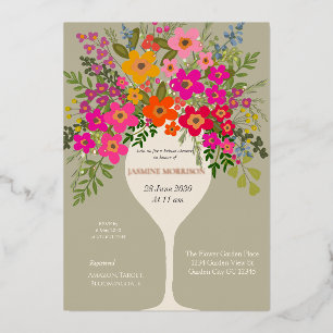 Invitación Con Relieve Metalizado Floral Brunch Wine Glass Bridal Shower