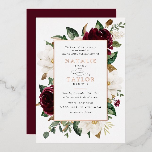 Invitación Con Relieve Metalizado Floral Burgundy Blanco Marco Elegante Rosa Oro (Anverso/Reverso)