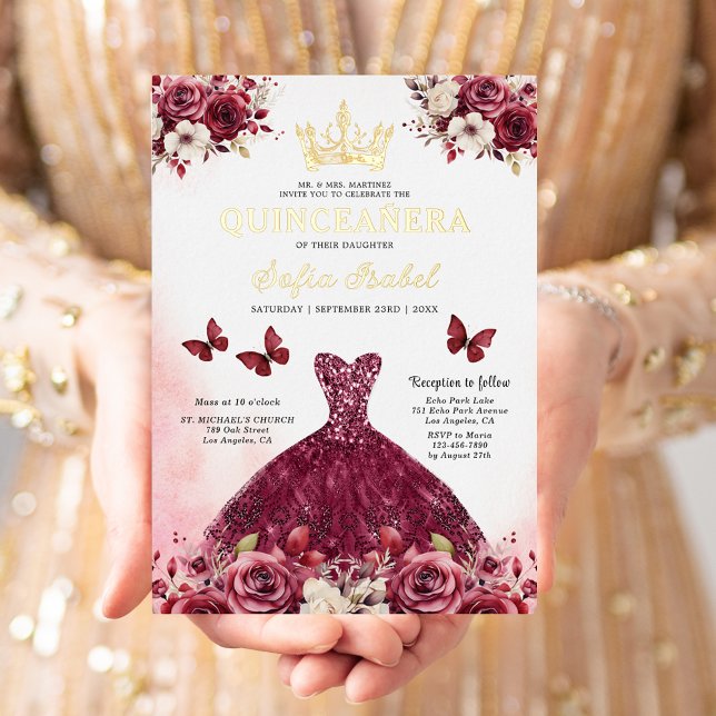 Invitación Con Relieve Metalizado Floral Burgundy Butterfly Princess Quinceanera (Subido por el creador)