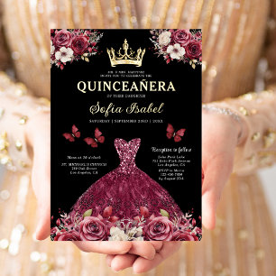 Invitación Con Relieve Metalizado Floral Burgundy Butterfly Princess Quinceanera
