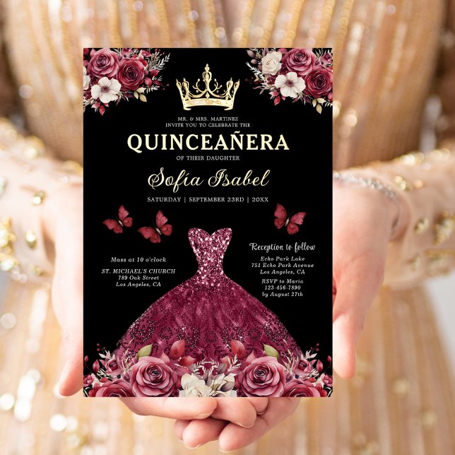 Invitación Con Relieve Metalizado Floral Burgundy Butterfly Princess Quinceanera (Subido por el creador)