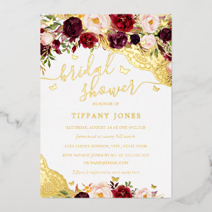 Invitación Con Relieve Metalizado Floral Burgundy Gold Lace Butterfly Breve Shower