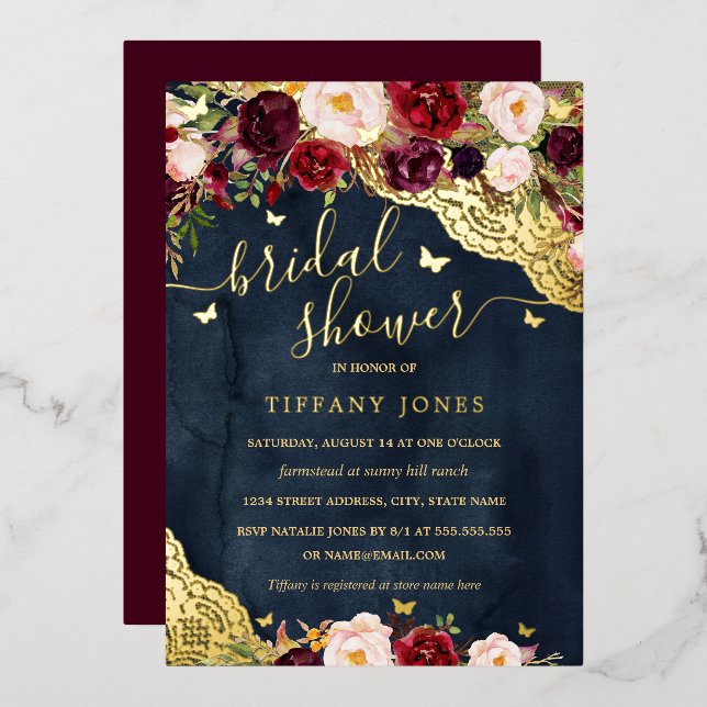 Invitación Con Relieve Metalizado Floral Burgundy Navy Gold Lace Bridal Shower (Anverso/Reverso)