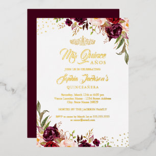 Invitación Con Relieve Metalizado Floral Burgundy Red Gold Quinceanera
