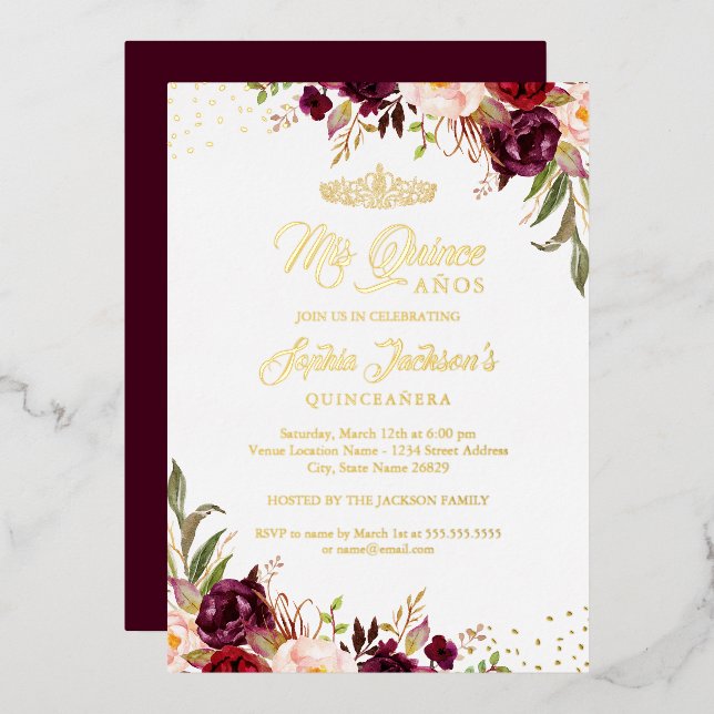 Invitación Con Relieve Metalizado Floral Burgundy Red Gold Quinceanera (Anverso/Reverso)