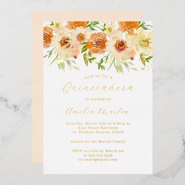 Invitación Con Relieve Metalizado Floral de acuarela dorada Quinceanera (Anverso/Reverso)