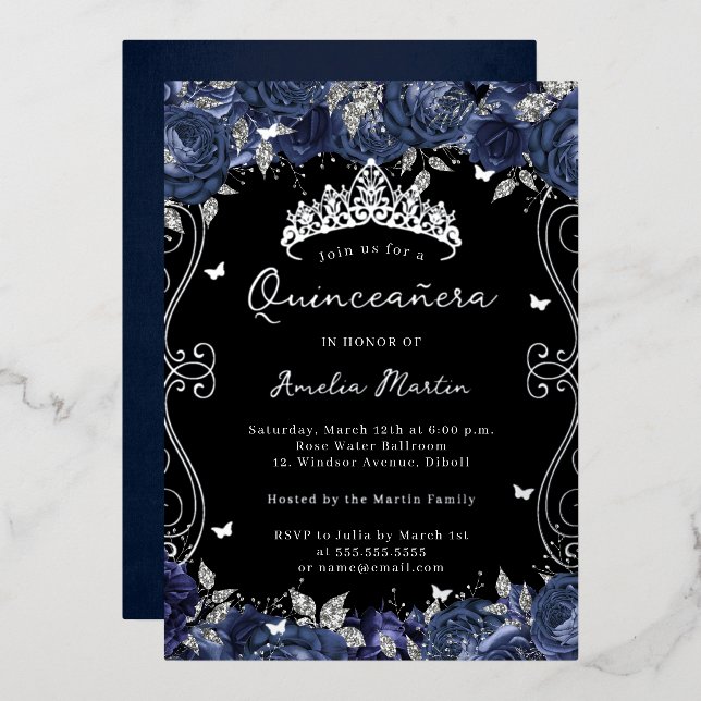 Invitación Con Relieve Metalizado Floral de barrido de la marina de plata Quinceaner (Anverso/Reverso)