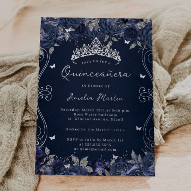 Invitación Con Relieve Metalizado Floral de barrido de plata marina Quinceanera (Subido por el creador)