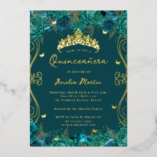 Invitación Con Relieve Metalizado Floral de barrido Verde azulado dorado Quinceanera