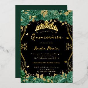 Invitación Con Relieve Metalizado Floral de barrido verde Quinceanera