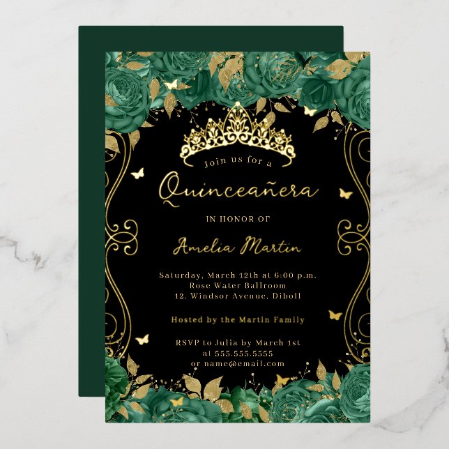 Invitación Con Relieve Metalizado Floral de barrido verde Quinceanera (Anverso/Reverso)