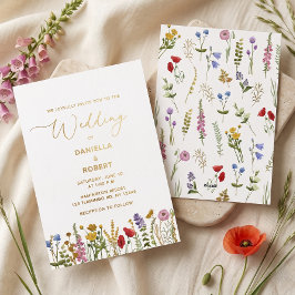 Invitación Con Relieve Metalizado Floral de Boda de Flores Silvestres Acuarela
