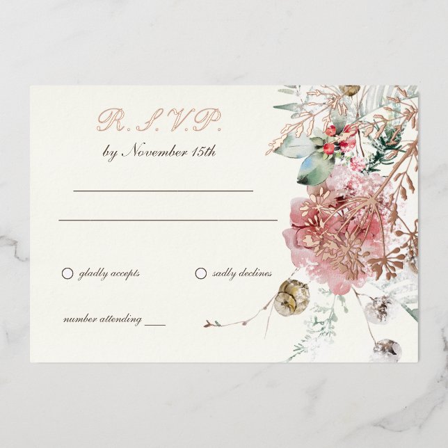 Invitación Con Relieve Metalizado Floral de Boda de Invierno 2 (Anverso)