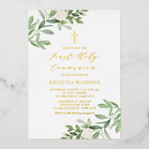 Invitación Con Relieve Metalizado Floral de color de agua, primera comunión sagrada