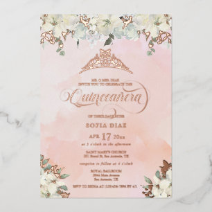 Invitación Con Relieve Metalizado Floral de color de agua Rubor rosa Quinceañera