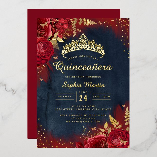 Invitación Con Relieve Metalizado Floral de mariposa dorada roja de la marina Quince (Anverso/Reverso)