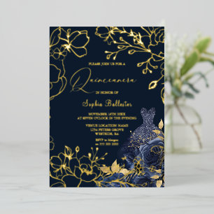 Invitación Con Relieve Metalizado Floral de Navy Profundo y vestido Quinceañera Hoja